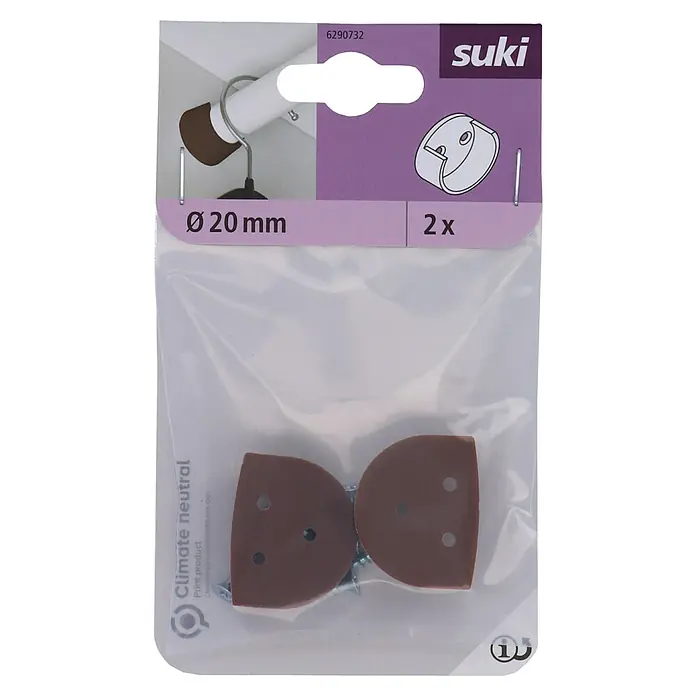 Schrankrohrlager - Durchmesser: 20 mm, Kunststoff, 2 Stk. - Bild eines Suki-Rohrträgersets, bestehend aus zwei braunen, halbkreisförmigen Halterungen und Schrauben, verpackt in einer durchsichtigen Plastiktüte.