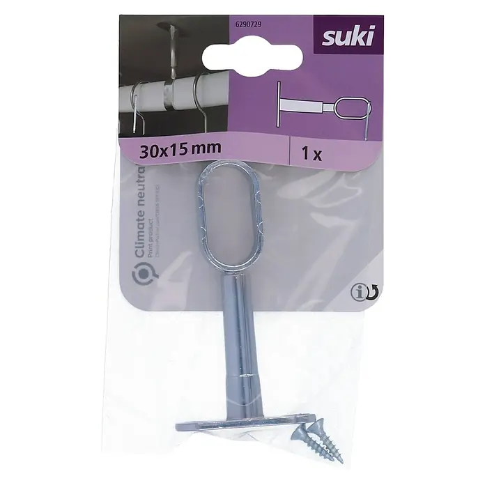 Suki Schrankrohrmittelträger - Höhe: 105 mm - Bild einer Suki Garderobenstangenhalterung 30x15mm in einer Einzelpackung, ideal für Kleiderschränke und Aufbewahrungslösungen.