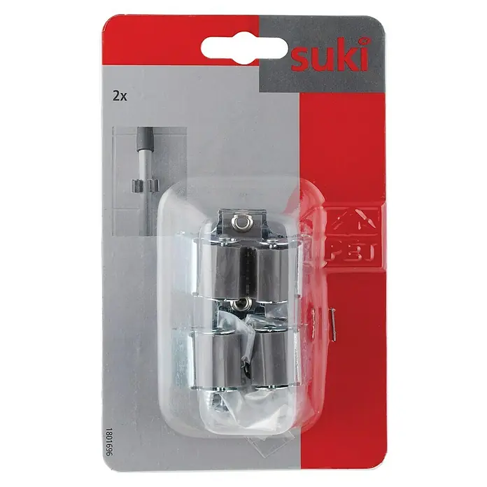 Suki Werkzeughalter - Aluminium - Bild einer 2er-Packung Suki Duschvorhangrollen in einer transparenten Verpackung auf rotem und grauem Hintergrund.