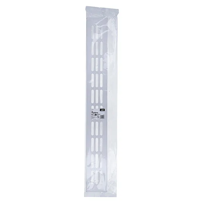 Lüftungsgitter - B x H: 500 x 60 mm, Aluminium - Eine verpackte, weiße Regalschiene von Suki, 500x60 mm, mit länglichen Aussparungen zur flexiblen Anbringung von Regalböden.
