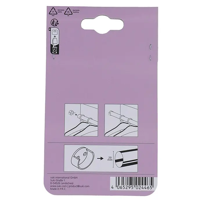 Schrankrohrlager - Durchmesser: 20 mm, Kunststoff, 2 Stk. - Bild der Produktverpackung. Die Verpackung zeigt eine Garderobenstangenhalterung und Anweisungen zur Montage der Halterung.