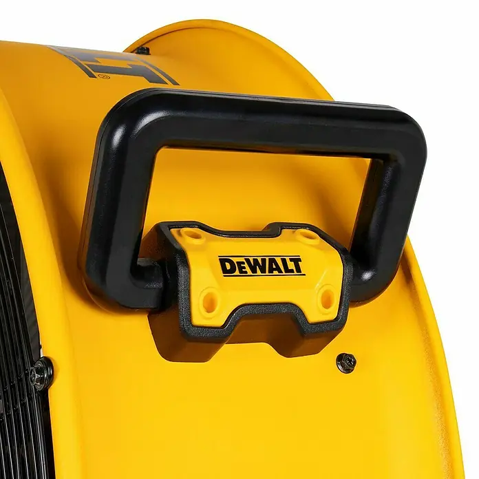 DeWalt Bodenventilator DXF2410 - 190 W, Max. Luftleistung: 148,77 m³/h - Detailansicht des gelben DeWALT-Gebläses mit schwarzem Griff. Ein robustes und tragbares Gerät für den professionellen Einsatz.