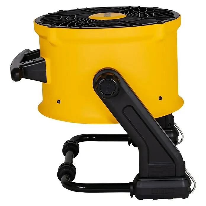 DeWalt Bodenventilator DXF1645 - 110 W, Max. Luftleistung: 49,81 m³/h - Gelber und schwarzer DeWalt-Ventilator mit Schutzgitter und verstellbarem Standfuß für den Einsatz auf Baustellen oder in Werkstätten.