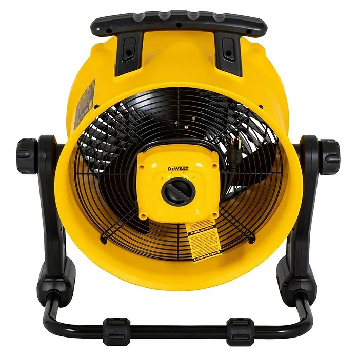 DeWalt Bodenventilator DXF1645 - 110 W, Max. Luftleistung: 49,81 m³/h - Das Bild zeigt einen gelben DeWalt-Ventilator mit schwarzem Gitter und robustem Standfuß, ideal für Baustellen oder Werkstätten.