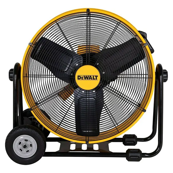 DeWalt Bodenventilator DXF2410 - 190 W, Max. Luftleistung: 148,77 m³/h - Abbildung eines gelb-schwarzen DeWalt-Ventilators mit Rädern, robust und leistungsstark für den Einsatz in Werkstätten oder auf Baustellen.