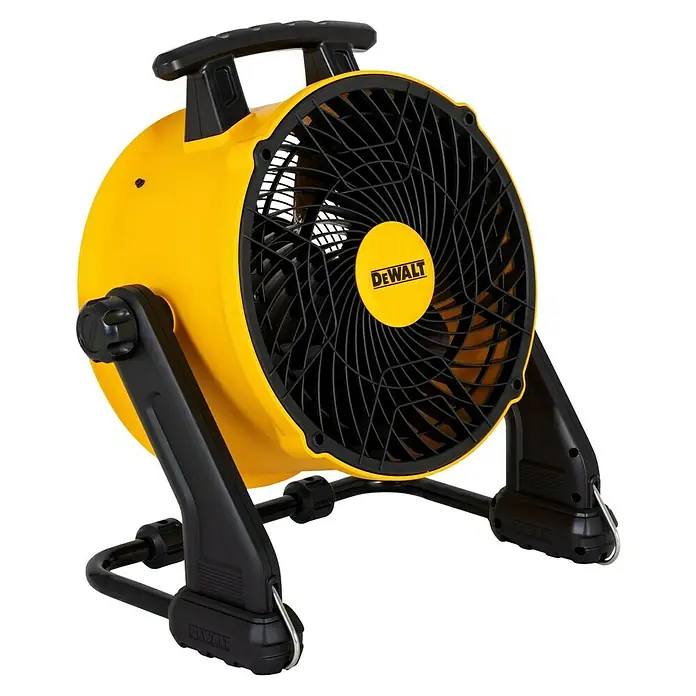 DeWalt Bodenventilator DXF1645 - 110 W, Max. Luftleistung: 49,81 m³/h - Tragbarer gelber DeWalt-Ventilator mit schwarzem Gitter und Griff, ideal für Baustellen und den Heimgebrauch, für angenehme Kühlung.