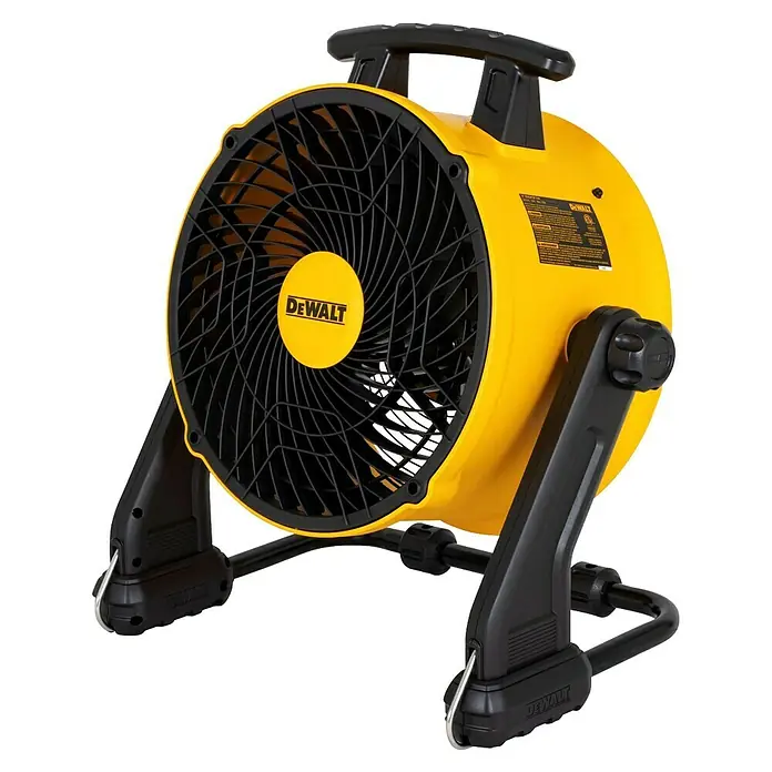DeWalt Bodenventilator DXF1645 - 110 W, Max. Luftleistung: 49,81 m³/h - Gelber DeWalt Akku-Ventilator mit schwarzem Gitter und Griff für den Baustellenbereich. Kompakt und leistungsstark.
