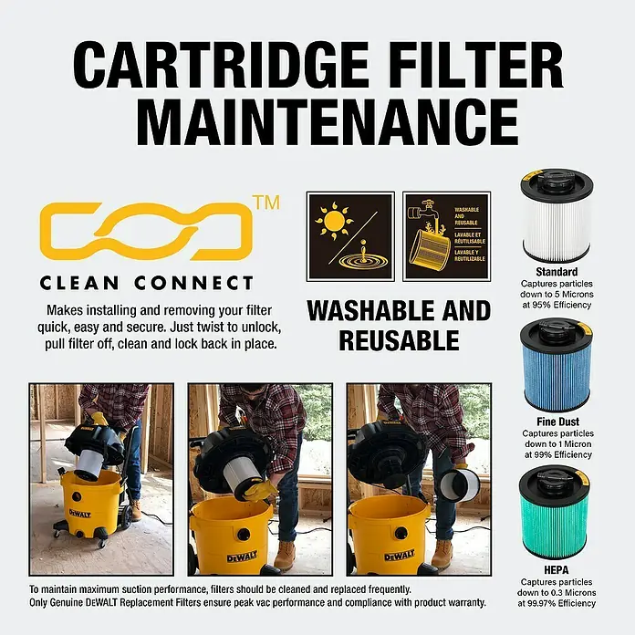 DeWalt Elektro-Nass- & Trockensauger DXV20PTA-QT - 750 W, Behältervolumen: 20 l, Filterreinigung: Vollautomatisch - DEWALT Kartuschenfilter Wartung mit Clean Connect, waschbar und wiederverwendbar. Standard-, Fein- und HEPA-Staubfilter für Staubsauger.