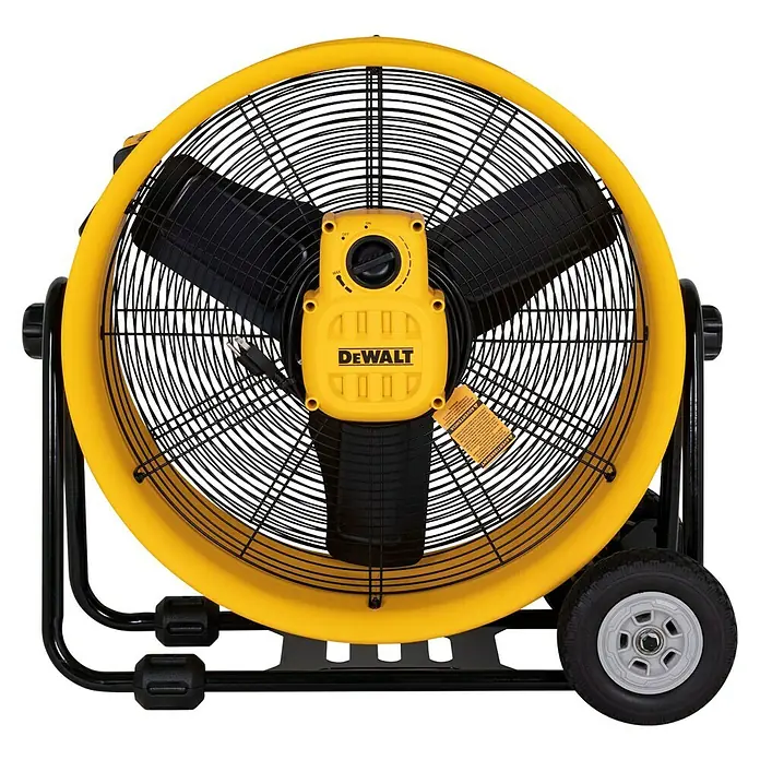 DeWalt Bodenventilator DXF2410 - 190 W, Max. Luftleistung: 148,77 m³/h - DeWalt-Bodenventilator in Gelb und Schwarz mit drei Flügeln, umgeben von einem Schutzgitter, ideal für Baustellen und Werkstätten.