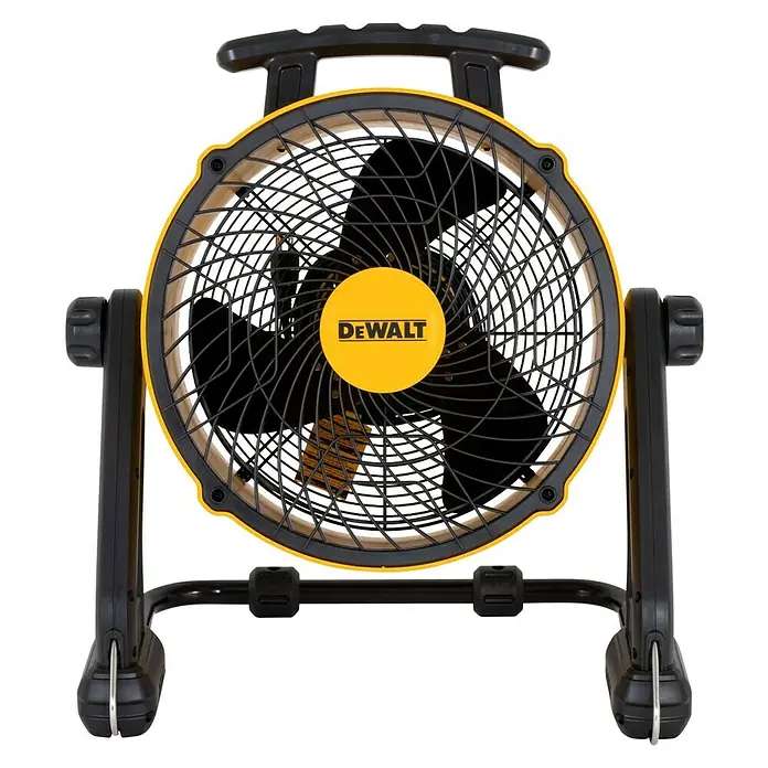 DeWalt Bodenventilator DXF1645 - 110 W, Max. Luftleistung: 49,81 m³/h - Ein gelb-schwarzer Dewalt-Ventilator mit Schutzgitter. Das Gerät ist tragbar und robust für den Einsatz auf Baustellen.