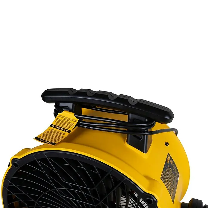 DeWalt Bodenventilator DXF1645 - 110 W, Max. Luftleistung: 49,81 m³/h - Nahaufnahme eines gelben Heizlüfters mit schwarzem Griff und Kabelaufwicklung.