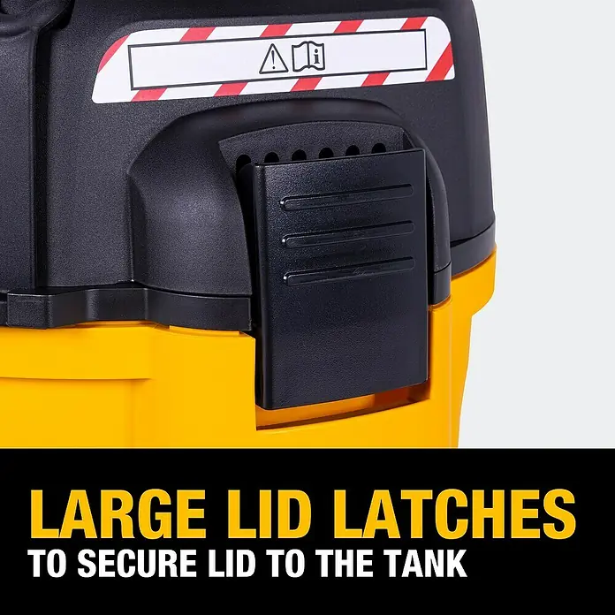 DeWalt Elektro-Nass- & Trockensauger DXV20PTA - 1.050 W, Behältervolumen: 20 l - Detailaufnahme eines gelb-schwarzen Deckelverschlusses, der den Deckel sicher am Tank befestigt. Robuste Konstruktion für zuverlässigen Halt.