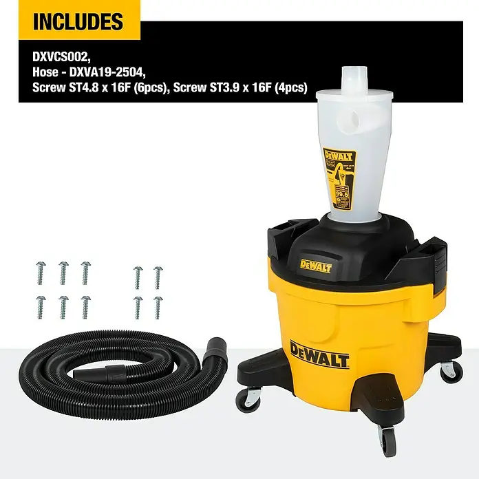 DeWalt Absauganlage DXVCS002 - Behältervolumen: 23 l - Abbildung des DeWalt DXVCS002 Zyklonstaubabscheider-Aufsatzes mit Zubehör, ideal für Staubsauger.
