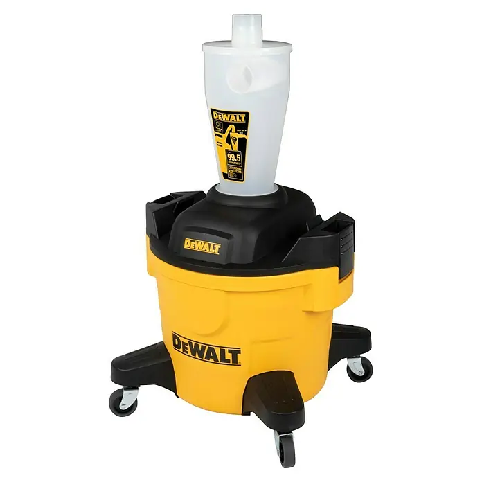 DeWalt Absauganlage DXVCS002 - Behältervolumen: 23 l - Ein gelb-schwarzer Dewalt-Werkstattsauger mit transparentem Zyklonaufsatz, der für hohe Saugleistung und Staubtrennung sorgt.