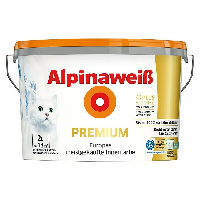 Alpina Alpinaweiss Wandfarbe Premium - Weiß, Matt, 2 l, Konservierungsmittelfrei - Alpinaweiß Premium Innenfarbe: 2L Eimer mit weißer Farbe, ideal für Innenräume. Mit hoher Deckkraft und spritzfreier Formel für perfekte Ergebnisse.