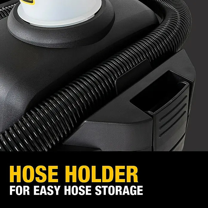 DeWalt Absauganlage DXVCS002 - Behältervolumen: 23 l - Nahaufnahme des Schlauchhalters eines Staubsaugers für einfache Schlauchaufbewahrung.
