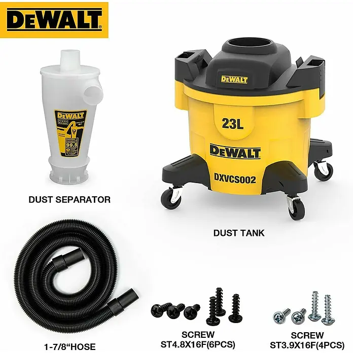 DeWalt Absauganlage DXVCS002 - Behältervolumen: 23 l - Abbildung eines DeWALT DXVCS002 Staubsaugersets, bestehend aus Tank, Staubabscheider, Schlauch und Schrauben.