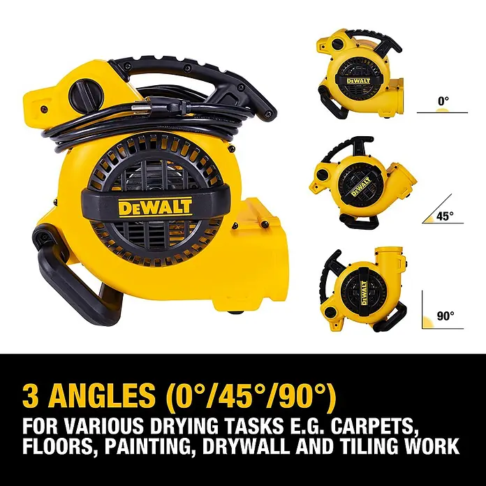 DeWalt Lüfter DXAM2250 - 130 W, Max. Luftleistung: 236 l/s - Abbildung eines gelben Dewalt-Gebläses in verschiedenen Winkeln zur Darstellung seiner Vielseitigkeit.