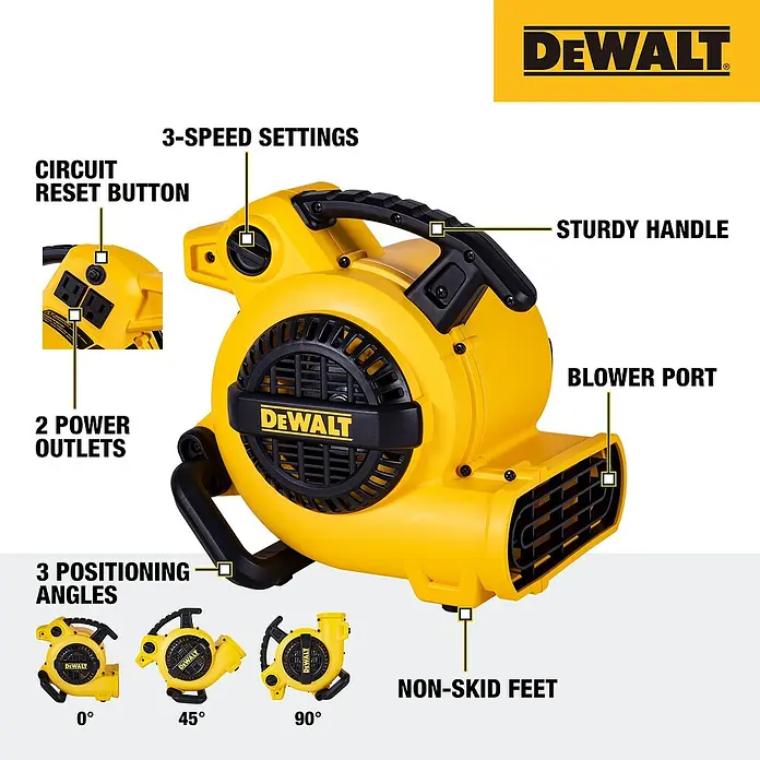 DeWalt Lüfter DXAM2250 - 130 W, Max. Luftleistung: 236 l/s - Das Bild zeigt einen gelben DeWalt-Blower mit verschiedenen Funktionen, darunter Geschwindigkeitsstufen, Steckdosen und ein stabiler Griff.