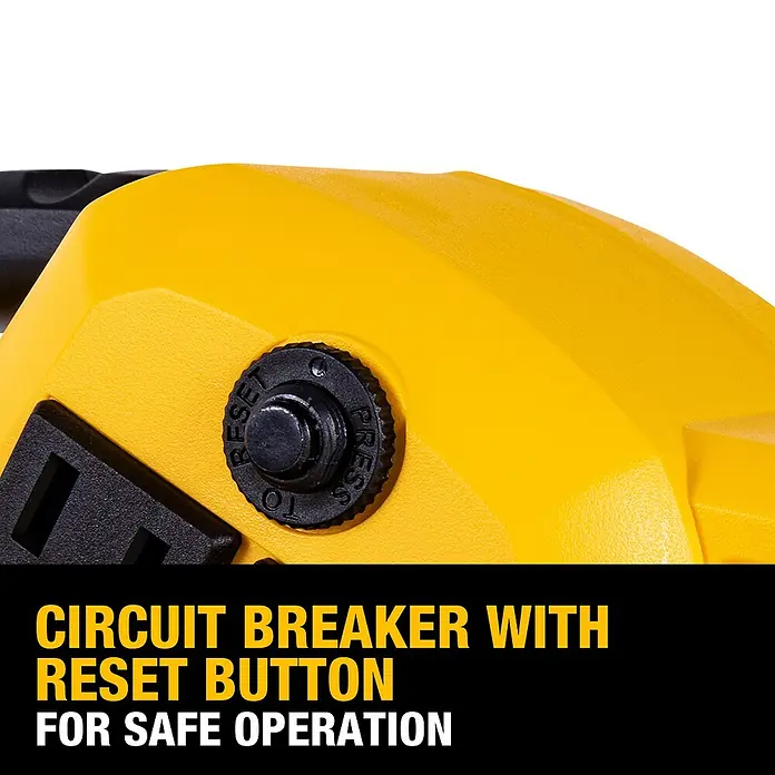 DeWalt Lüfter DXAM2250 - 130 W, Max. Luftleistung: 236 l/s - Nahaufnahme eines gelben Gehäuses mit einem schwarzen Schutzschalter-Resetknopf für sicheren Betrieb.