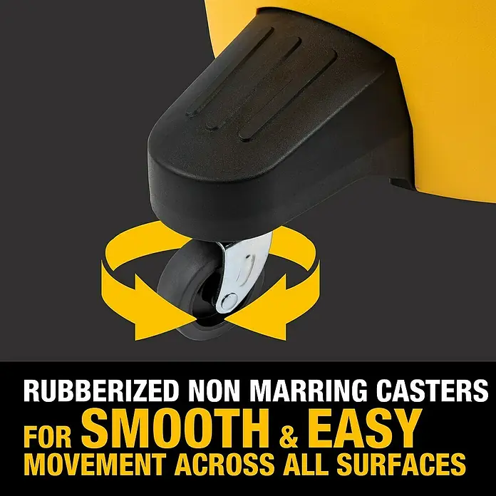 DeWalt Absauganlage DXVCS002 - Behältervolumen: 23 l - Nahaufnahme von den gummierten, spurlosen Rollen, die für sanfte und einfache Bewegung auf allen Oberflächen des Produkts sorgen.