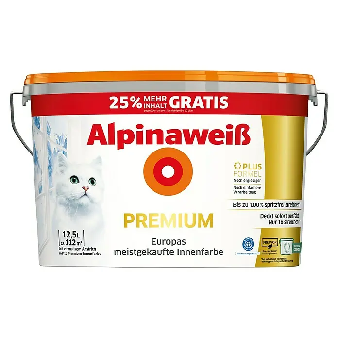 Alpina Alpinaweiss Wandfarbe Premium +25 % gratis - Weiß, Matt, 12,5 l, Konservierungsmittelfrei - Alpinaweiß Premium Innenfarbe: 12,5 Liter Eimer mit weißer, matter Farbe, ideal für Innenräume, mit einem niedlichen Katzenmotiv auf dem Etikett.