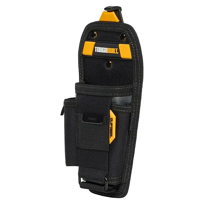 ToughBuilt ClipTech Soporte para herramientas - Ancho: 70 mm, Poliéster - Vista detallada de una bolsa de herramientas negra ToughBuilt con detalles amarillos, mostrando su diseño robusto y funcionalidad.