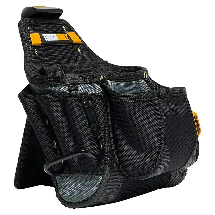 ToughBuilt ClipTech Bolsa para herramientas - L x An x Al: 330 x 170 x 340 mm - Primer plano de un organizador de herramientas Toughbuilt negro con múltiples compartimentos y soportes para varias herramientas.