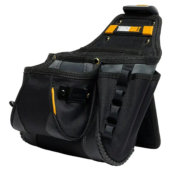 ToughBuilt ClipTech Bolsa para herramientas - L x An x Al: 330 x 170 x 340 mm - Primer plano de una bolsa de herramientas negra ToughBuilt con detalles amarillos, ideal para profesionales y aficionados.