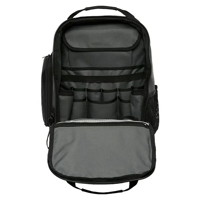 ToughBuilt Mochila para herramientas - L x An x Al: 370 x 210 x 470 mm, Número de compartimentos: 31 ud. - Vista frontal de una mochila negra abierta, con múltiples compartimentos y bolsillos para organizar herramientas u otros objetos.