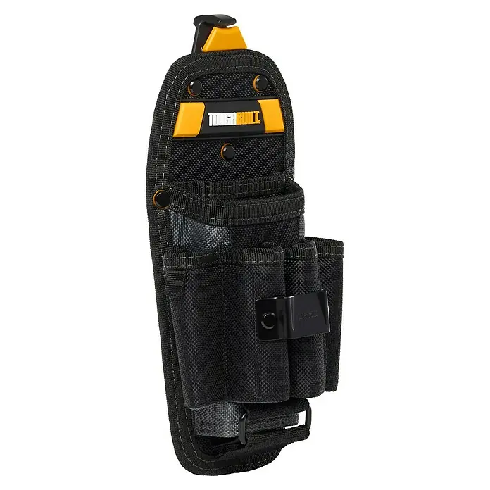 ToughBuilt ClipTech Bolsa para herramientas - Ancho: 110 mm, Poliéster - Aquí hay una funda para herramientas ToughBuilt. Es negra con detalles amarillos y tiene varios bolsillos.