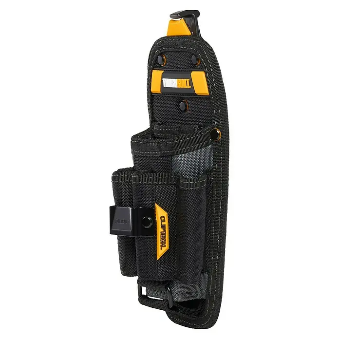 ToughBuilt ClipTech Bolsa para herramientas - Ancho: 110 mm, Poliéster - Una funda de herramientas ToughBuilt negra, perfecta para artesanos, con múltiples compartimentos y un accesorio ClipTech.