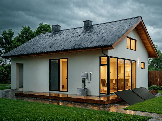 ZENUDE Solarflow Hub 2000 am Haus montiert, drinnen sind die Lampen bereits eingeschaltet, da die Dämmerung eingesetzt hat