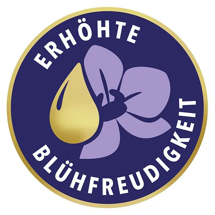 Compo Blattglanz - 250 ml, Orchideen - Logo mit einer Blume, einem Tropfen und dem Text "Erhöhte Blühfreudigkeit".