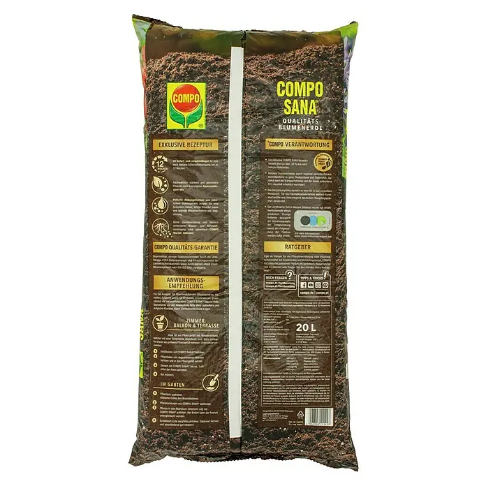 Compo Sana Blumenerde für Zimmer-, Balkon- & Gartenpflanzen - 20 l - COMPO SANA Qualitäts-Blumenerde: Exklusive Rezeptur für Zimmer-, Balkon- und Terrassenpflanzen, 20 Liter. Ideal für gesundes Wachstum.