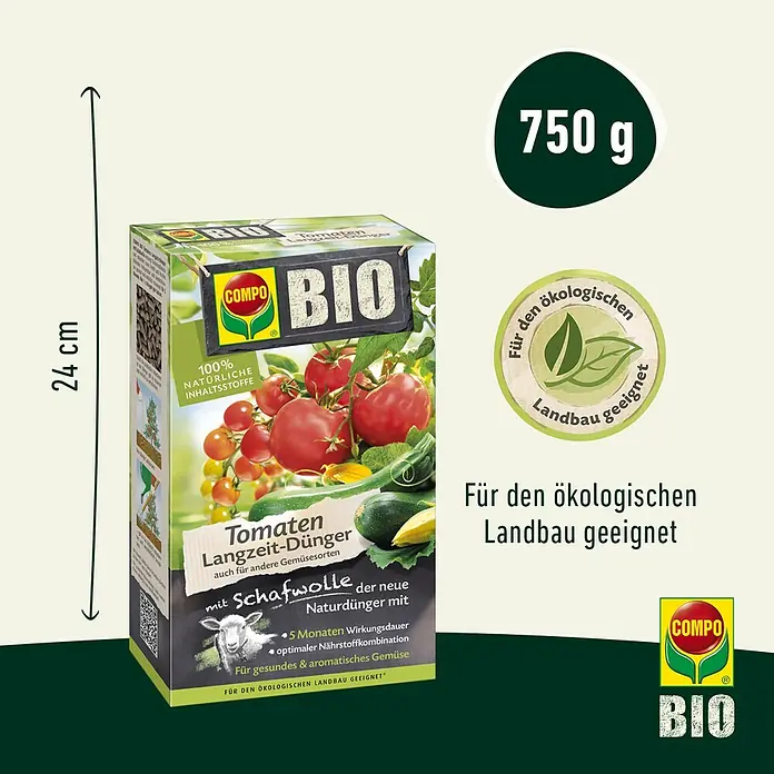 Compo Bio-Schafwolldünger Tomaten - 0,75 kg, Gemüse - Produktbild des COMPO BIO Tomaten Langzeit-Düngers mit Schafwolle, geeignet für den ökologischen Landbau, 750g Packung.