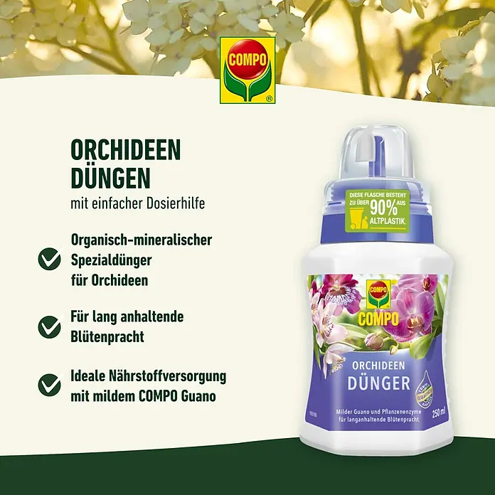 Compo Orchideendünger - 250 ml - Bild von COMPO Orchideendünger mit einfacher Dosierhilfe, organisch-mineralisch, für lang anhaltende Blütenpracht und idealer Nährstoffversorgung.
