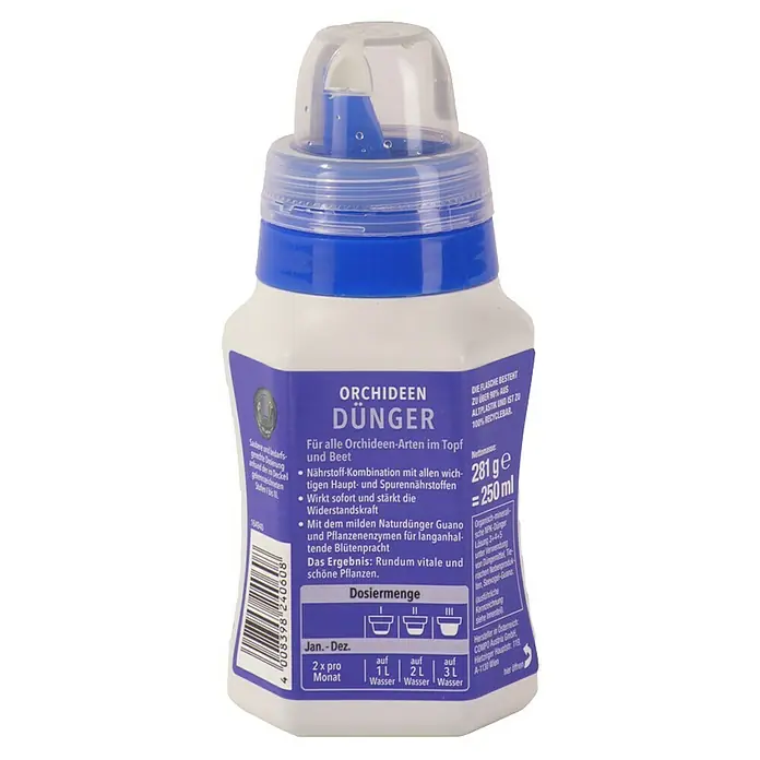 Compo Orchideendünger - 250 ml - Bild einer Flasche Orchideendünger der Marke COMPO mit blau-weißem Etikett.