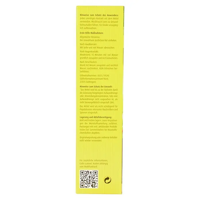 Compo Schneckenkorn - 1,1 kg - Informationen zu Sicherheitsvorkehrungen und Erster Hilfe auf einer gelben Produktverpackung, zusammen mit einem QR-Code.