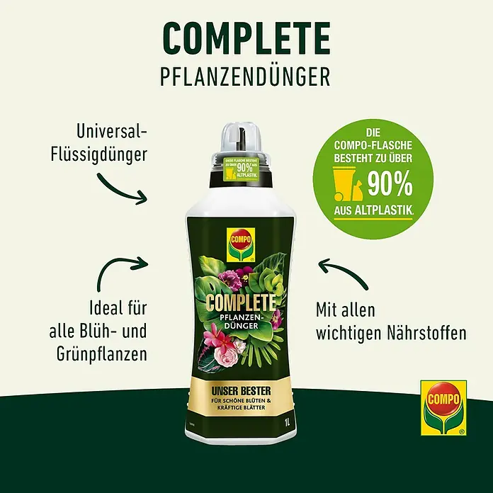 Compo Universaldünger Complete - 1 l - Abbildung eines "Compo Complete Pflanzendünger", ein Universaldünger für Blüh- und Grünpflanzen, mit allen wichtigen Nährstoffen.