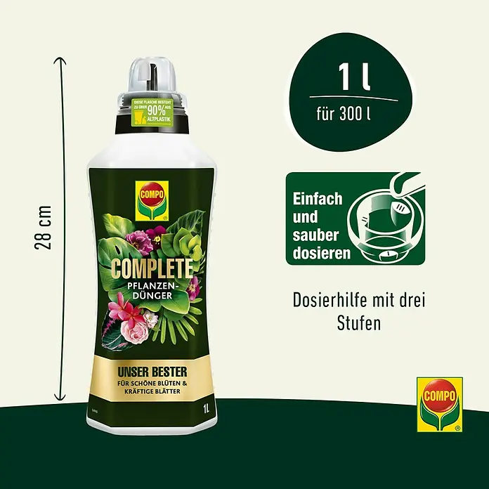 Compo Universaldünger Complete - 1 l - Produktbild von Compo Complete Pflanzendünger, 1L Flasche, mit Dosierhinweisen und Größenangabe.