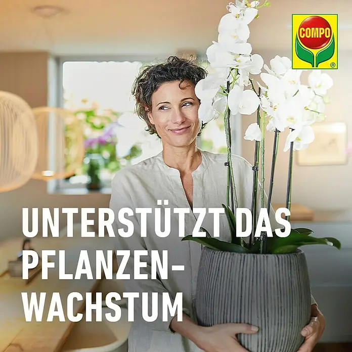 Compo Orchideendünger - 250 ml - Frau hält Orchidee mit Compo-Logo, die das Pflanzenwachstum unterstützt. Das Produkt fördert gesundes Wachstum und schöne Blüten.