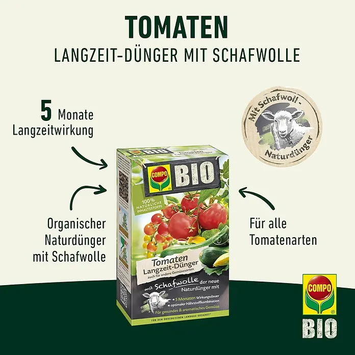 Compo Bio-Schafwolldünger Tomaten - 0,75 kg, Gemüse - Produktbild von COMPO BIO Tomaten Langzeit-Dünger mit Schafwolle, einem organischen Naturdünger für alle Tomatensorten mit 5 Monaten Langzeitwirkung.