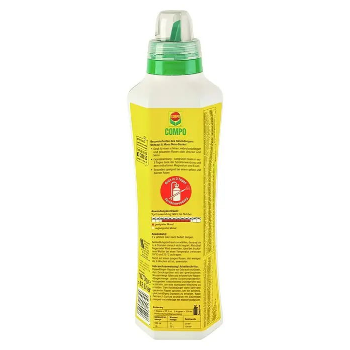 Compo Rasendünger Unkraut & Moos Nein Danke - 1,3 l - Flasche Compo Rasendünger, ein Rasendüngerprodukt zur Bekämpfung von Unkraut und Moos, das einen schönen, widerstandsfähigen Rasen fördert.