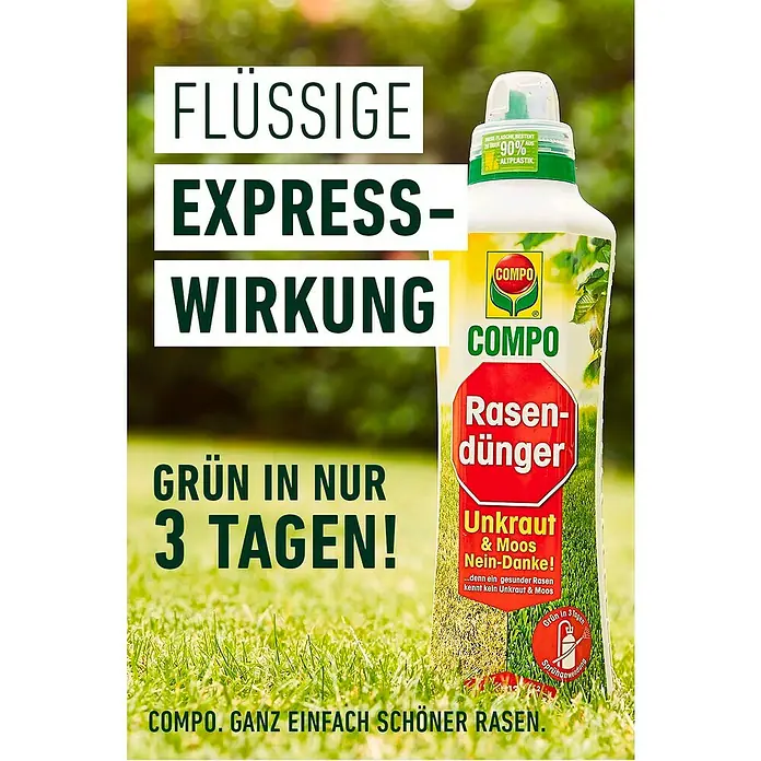 Compo Rasendünger Unkraut & Moos Nein Danke - 1,3 l - COMPO Rasendünger Express für einen grünen Rasen in 3 Tagen, beseitigt Unkraut & Moos. Die Flasche besteht zu 90% aus Altplastik!