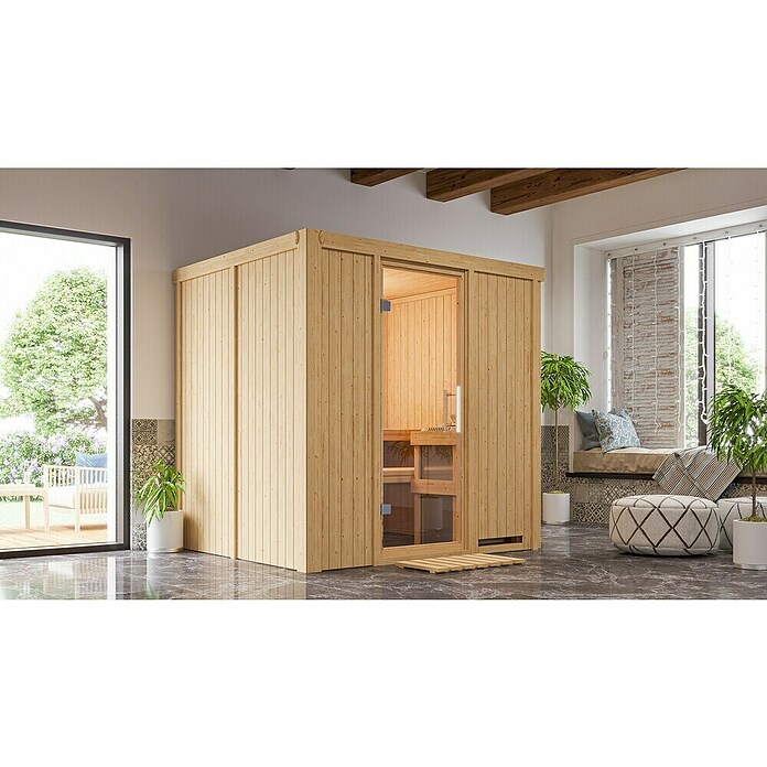 Karibu Daria (Mit Plug & Play Ofen 3,6 kW mit integrierter Steuerung, Ohne Dachkranz, 170 x 196 x 198 cm)