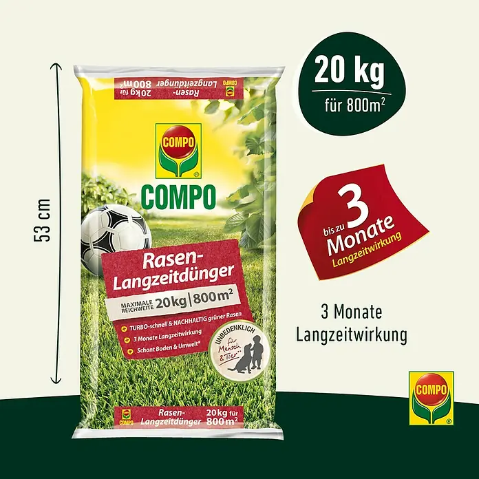 Compo Langzeitdünger Rasendünger - 20 kg, Max. Anwendungsfläche: 500 m² - Bild einer 20 kg Packung COMPO Rasen-Langzeitdünger, geeignet für 800 m² Rasenfläche und mit 3 Monaten Langzeitwirkung.