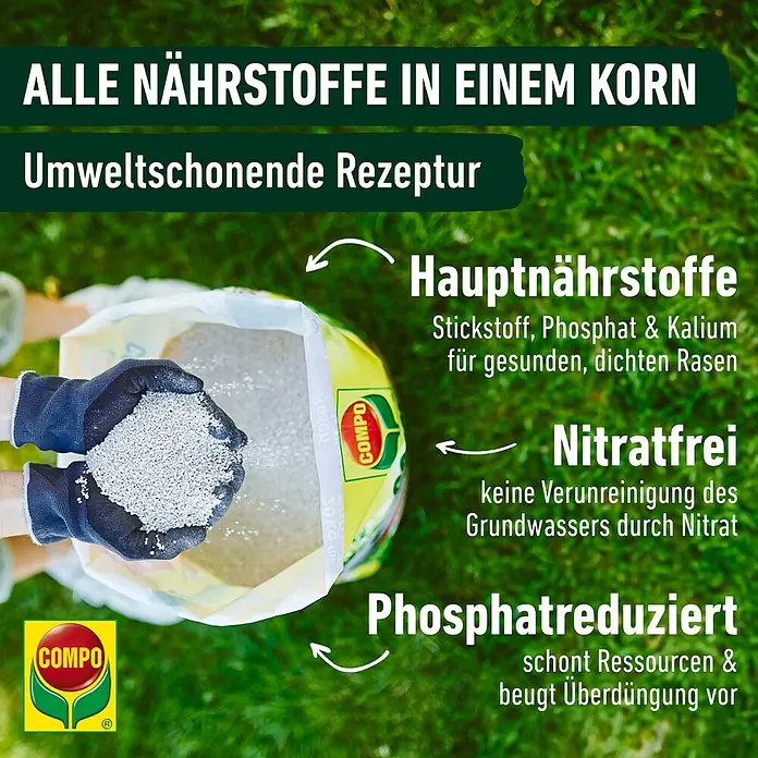 Compo Langzeitdünger Rasendünger - 20 kg, Max. Anwendungsfläche: 500 m² - COMPO Rasendünger: Alle Nährstoffe für einen gesunden Rasen in einem Korn. Umweltfreundliche Rezeptur, phosphatreduziert & nitratfrei.