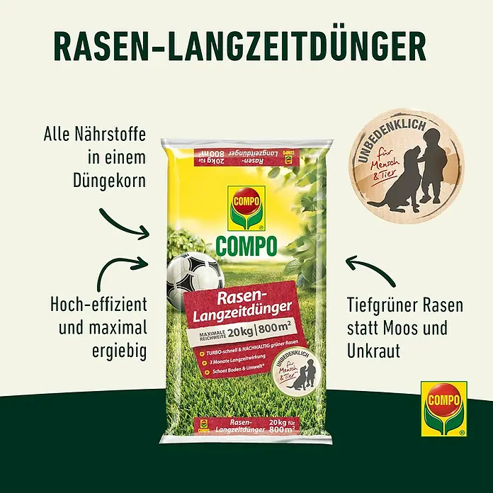 Compo Langzeitdünger Rasendünger - 20 kg, Max. Anwendungsfläche: 500 m² - Rasen-Langzeitdünger von COMPO, 20kg Packung für tiefgrünen Rasen, unbedenklich für Mensch und Tier.