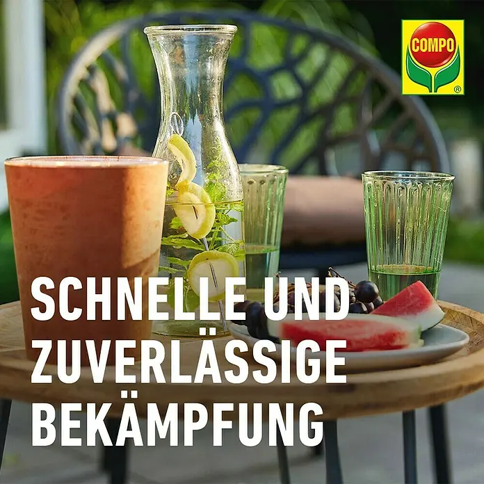 Compo Ameisenköder - 2 Stk. - Einladende Gartenszene mit COMPO-Produktwerbung, erfrischenden Getränken und Sommerfrüchten auf einem stilvollen Beistelltisch.